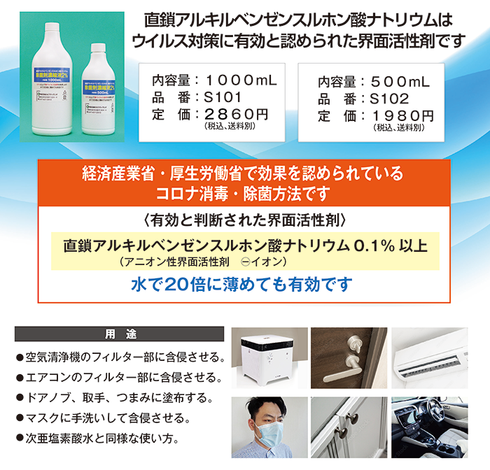 経済産業省・厚生労働省で効果を認められている
コロナ消毒・除菌方法です。〈有効と判断された界面活性剤〉直鎖アルキルベンゼンスルホン酸ナトリウム0.1%以上。水で20倍に薄めても有効です。・空気清浄機のフィルター部に含侵させる。
・エアコンのフィルター部に含侵させる。
・ドアノブ、取手、つまみに塗布する。
・マスクに手洗いして含侵させる。
・次亜塩素酸水と同様な使い方。